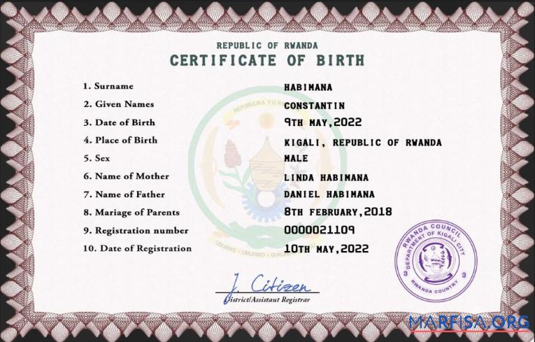 Blank Rwanda birth certificate PSD template